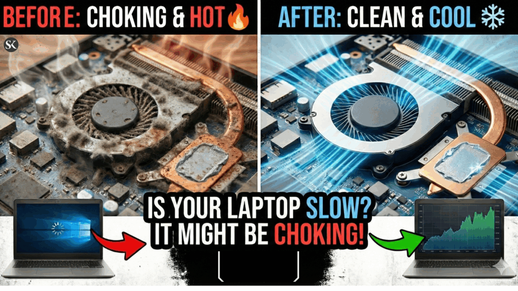 Extremely dusty laptop fan and motherboard being cleaned at Skypc Jaipur.