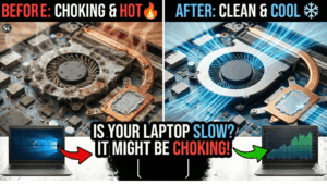 Extremely dusty laptop fan and motherboard being cleaned at Skypc Jaipur.