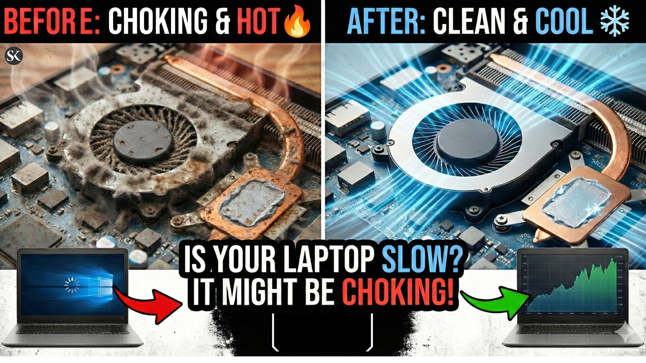 Extremely dusty laptop fan and motherboard being cleaned at Skypc Jaipur.